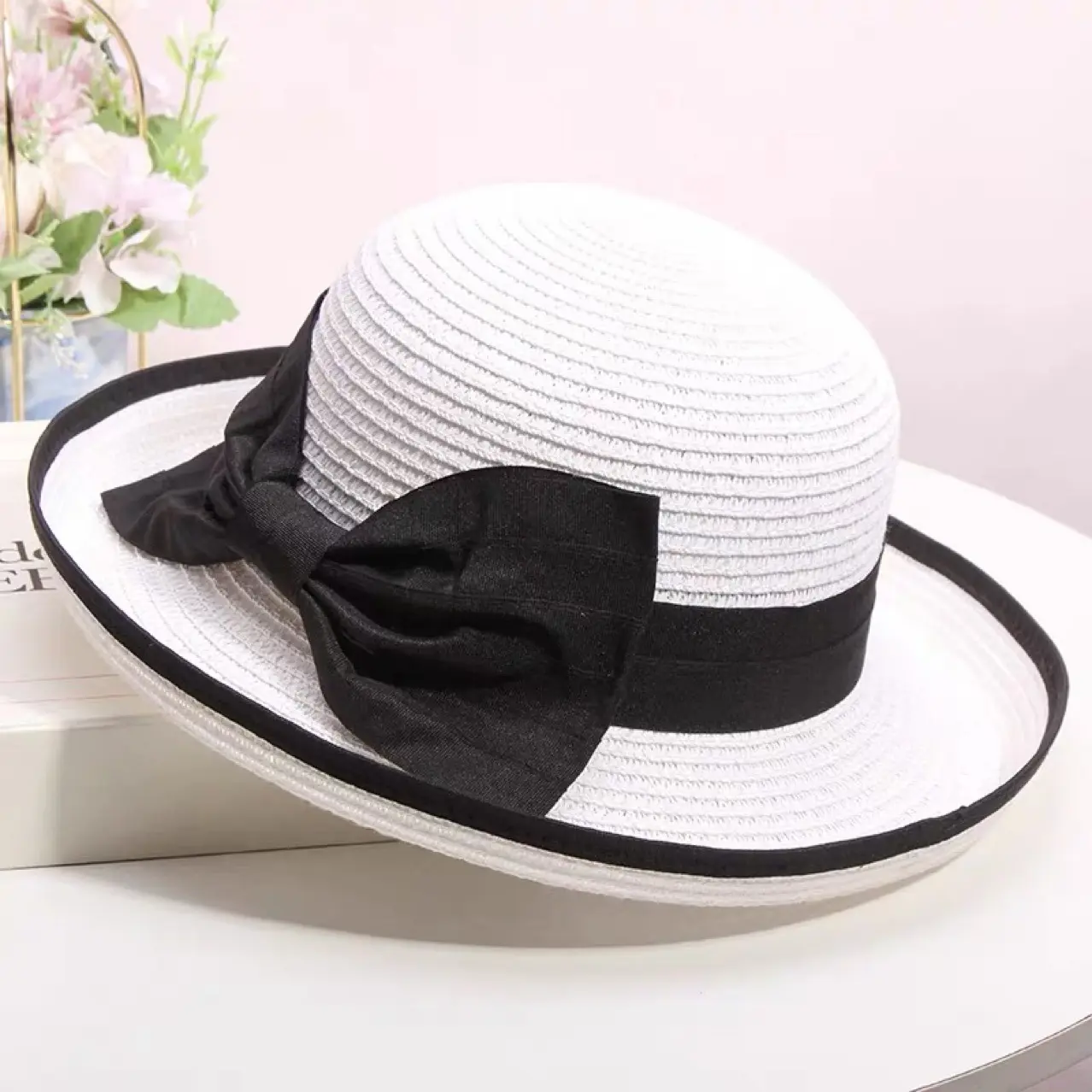 Summer Women's Straw Hat Korean Edition Curled Elegant Bow Fishing Hat for Travel Sun Protection and Sunshade Hat Beach Hat