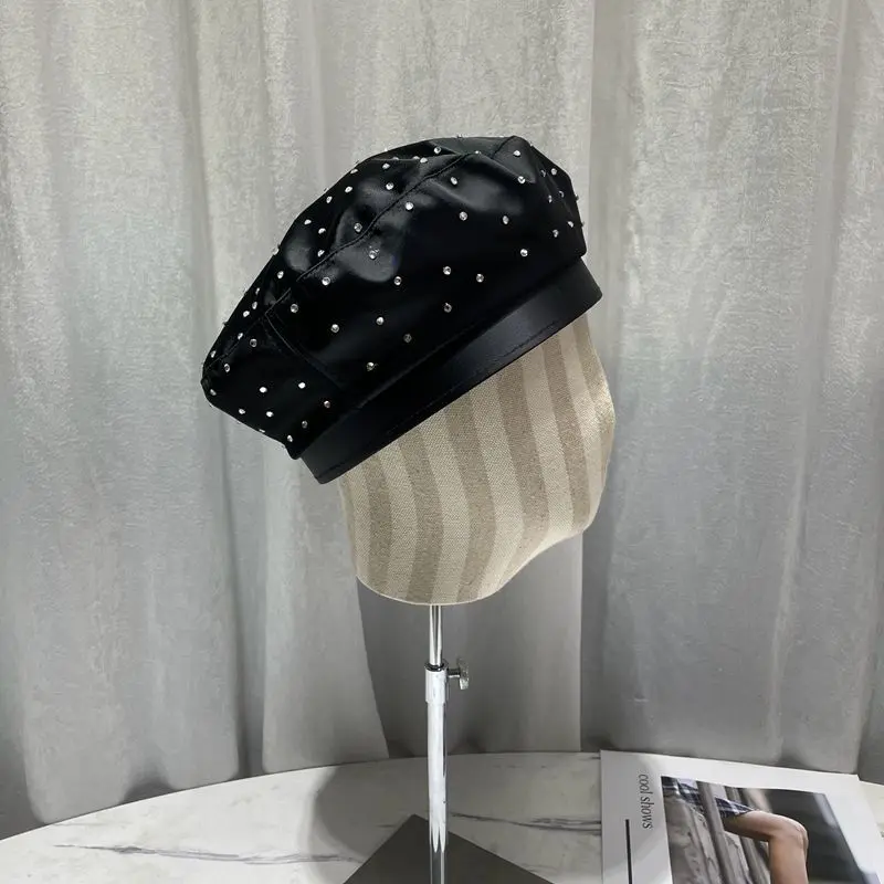 2023 New Satin Rhinestone Beret Cap Women's Fashion Black Painter Hat Spring and Autumn Octagonal Hats Newsboy Gorras Casquette