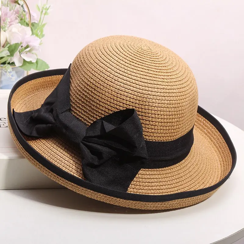 Summer Women's Straw Hat Korean Edition Curled Elegant Bow Fishing Hat for Travel Sun Protection and Sunshade Hat Beach Hat