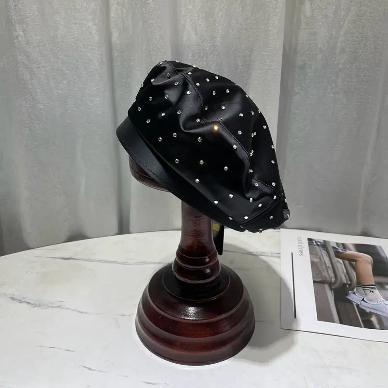 2023 New Satin Rhinestone Beret Cap Women's Fashion Black Painter Hat Spring and Autumn Octagonal Hats Newsboy Gorras Casquette