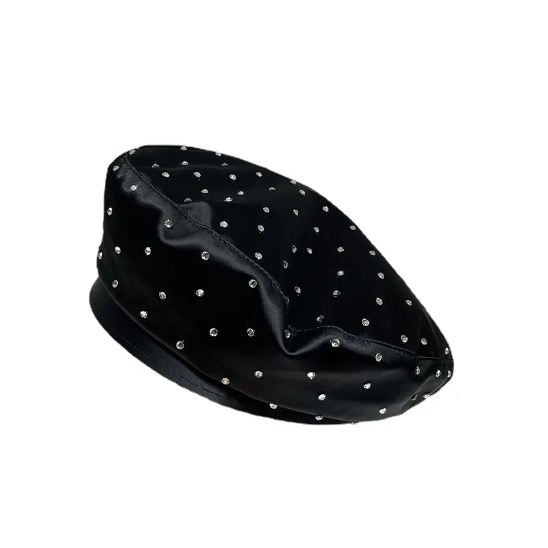 2023 New Satin Rhinestone Beret Cap Women's Fashion Black Painter Hat Spring and Autumn Octagonal Hats Newsboy Gorras Casquette