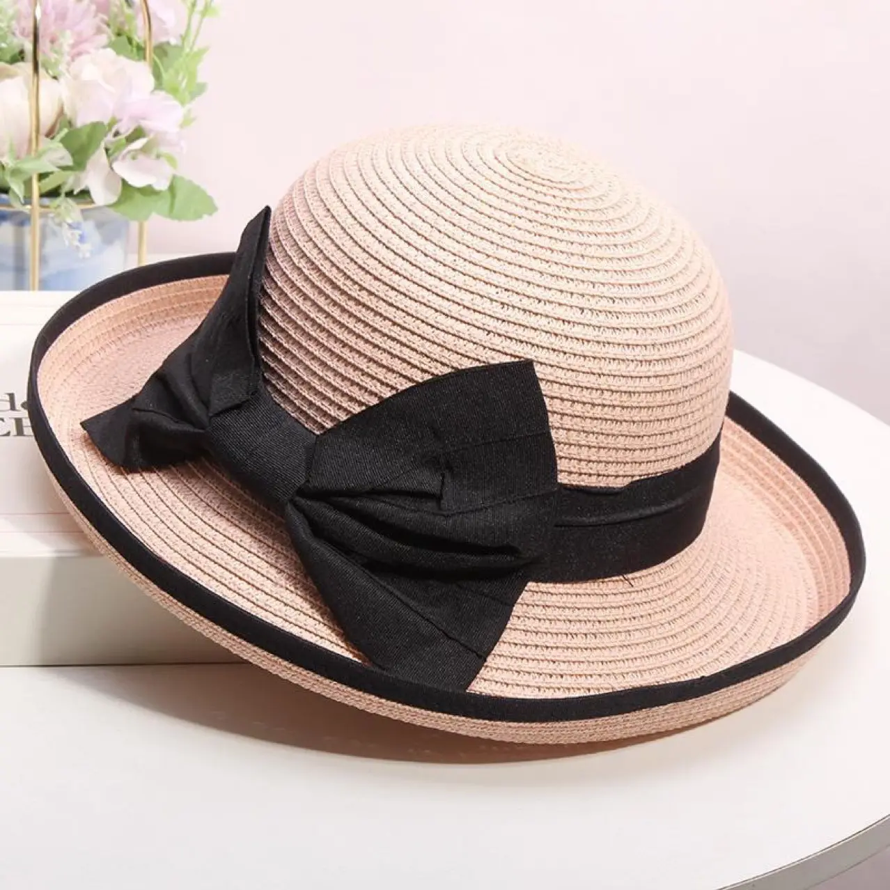 Summer Women's Straw Hat Korean Edition Curled Elegant Bow Fishing Hat for Travel Sun Protection and Sunshade Hat Beach Hat