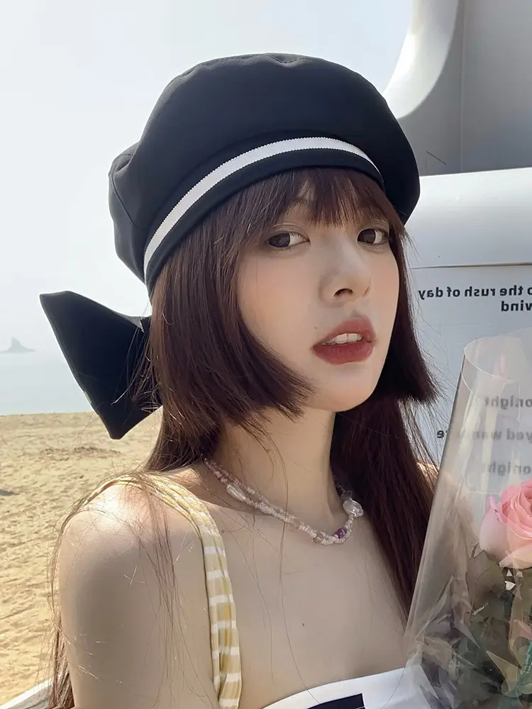 Japanese Sweet Cute Bow Beret Female Summer Sunshade Sailor Hat Student Retro College Style Painter Hat