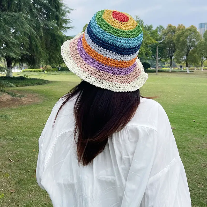 Summer Rainbow Striped Bucket Hat Woman Crochet Beach Fisherman Hat Foldable Handmade Weave Sun Hat Female Panama Wholesale
