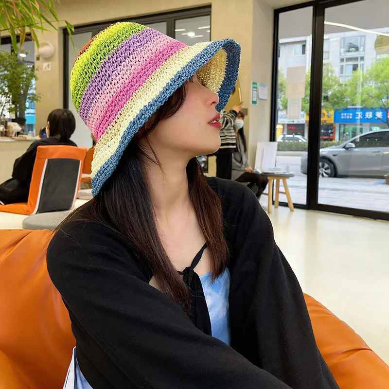 Summer Rainbow Striped Bucket Hat Woman Crochet Beach Fisherman Hat Foldable Handmade Weave Sun Hat Female Panama Wholesale