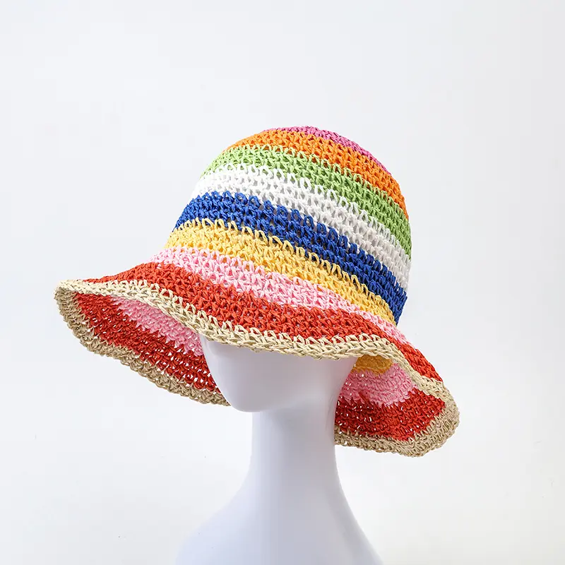Summer Rainbow Striped Bucket Hat Woman Crochet Beach Fisherman Hat Foldable Handmade Weave Sun Hat Female Panama Wholesale