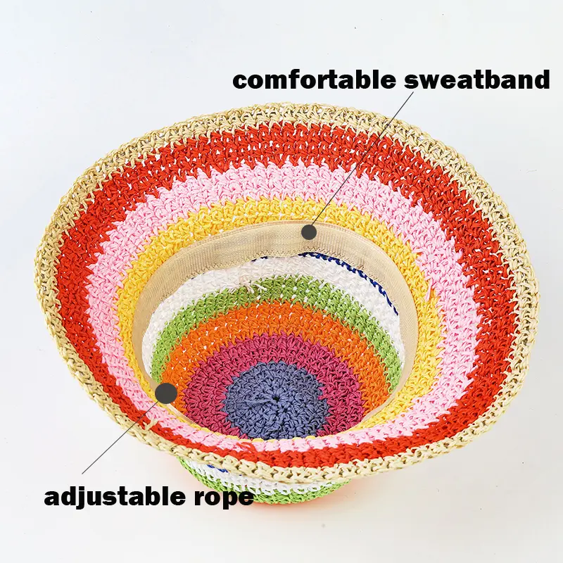 Summer Rainbow Striped Bucket Hat Woman Crochet Beach Fisherman Hat Foldable Handmade Weave Sun Hat Female Panama Wholesale