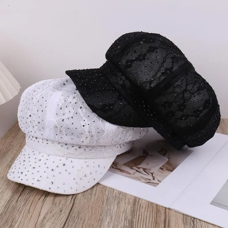 Spring And Summer Breathable Lace mesh Rhinestone Temperament Versatile Octagonal Hat Outdoor Fashionable Sun Hat