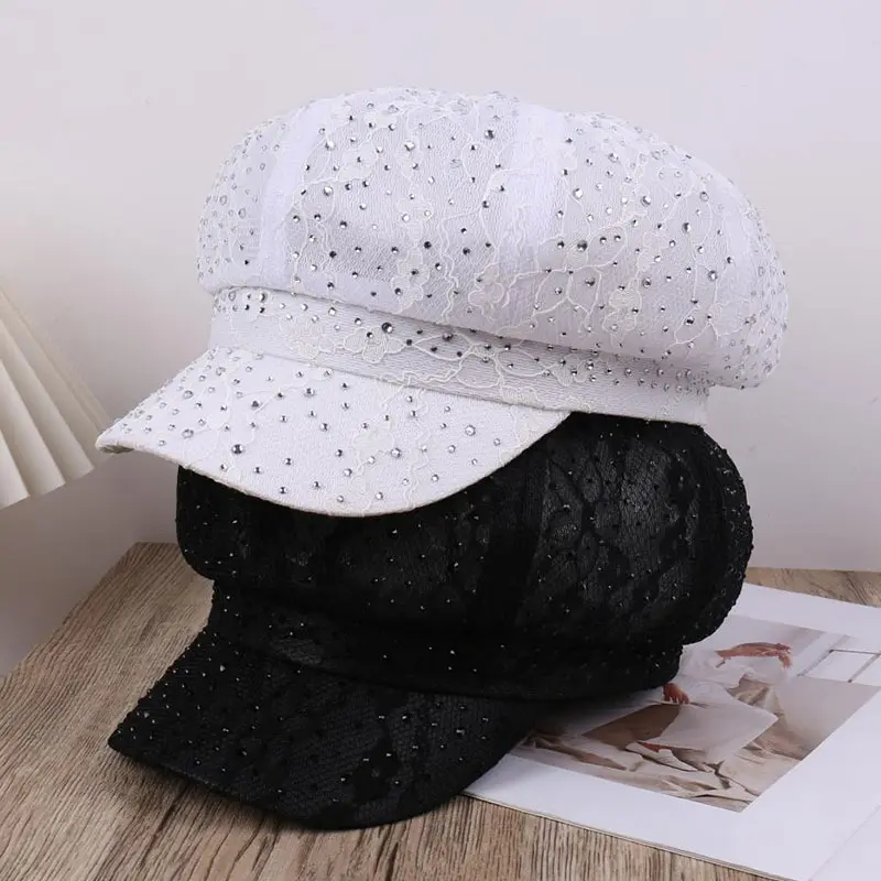 Spring And Summer Breathable Lace mesh Rhinestone Temperament Versatile Octagonal Hat Outdoor Fashionable Sun Hat