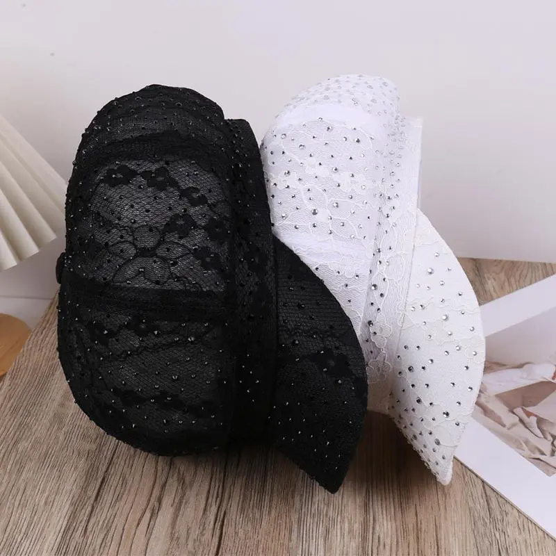 Spring And Summer Breathable Lace mesh Rhinestone Temperament Versatile Octagonal Hat Outdoor Fashionable Sun Hat