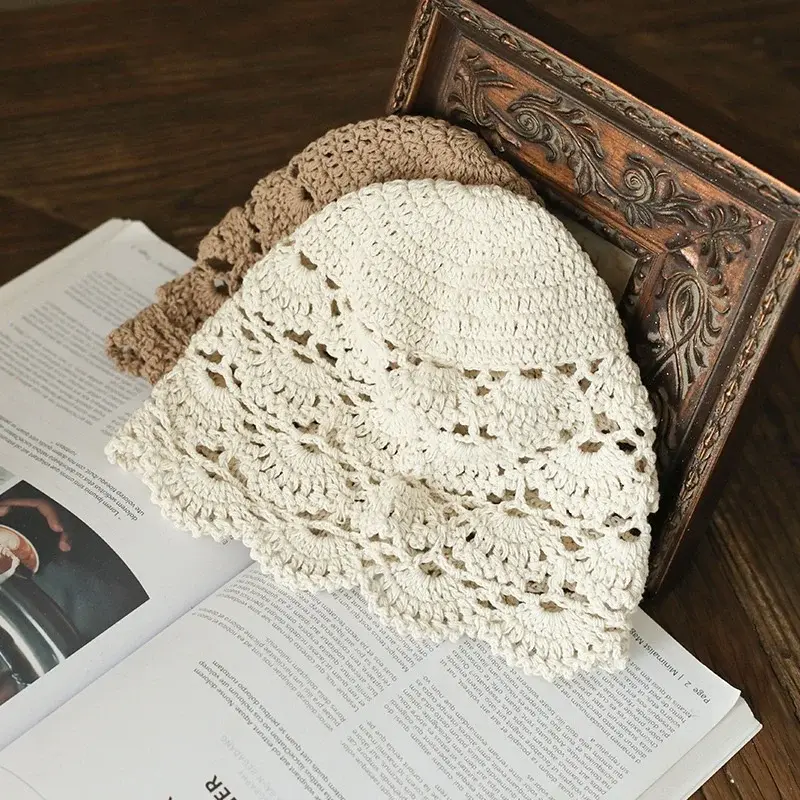 Hand-Knitted Flower Hollow Thin Cap Spring and Summer Lace Breathable Kerchief Crochet Toe Cotton Thread Hat Female