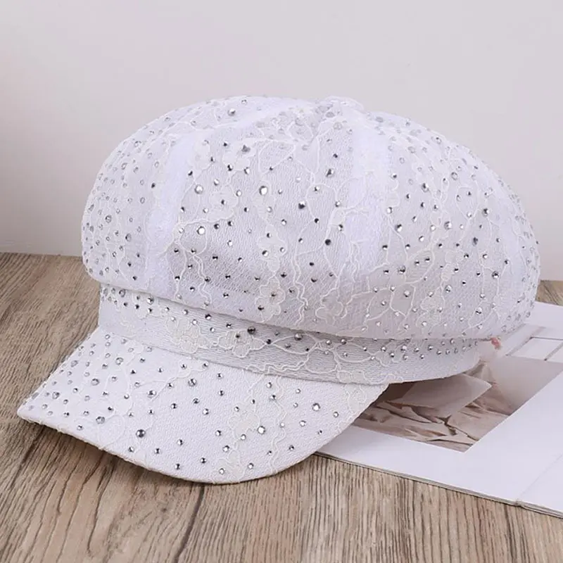 Spring And Summer Breathable Lace mesh Rhinestone Temperament Versatile Octagonal Hat Outdoor Fashionable Sun Hat