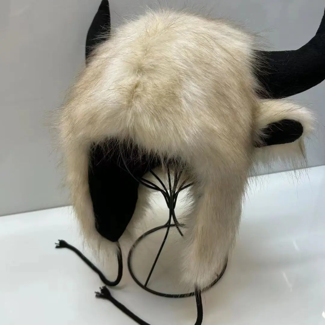 Imitation Fox Fur Cow Horn Decoration Cap Winter Warm Ear Protection Wind Snow Women Men Halloween Party Cosplay Hat