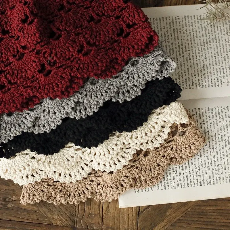 Hand-Knitted Flower Hollow Thin Cap Spring and Summer Lace Breathable Kerchief Crochet Toe Cotton Thread Hat Female