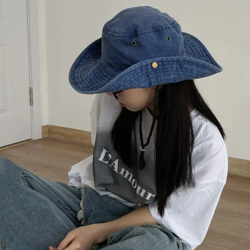 2022 Blue Cowboy Bucket Hat with String Men Denim Beach Sun Hat for Women Outdoor Spring Summer Fisherman Hat