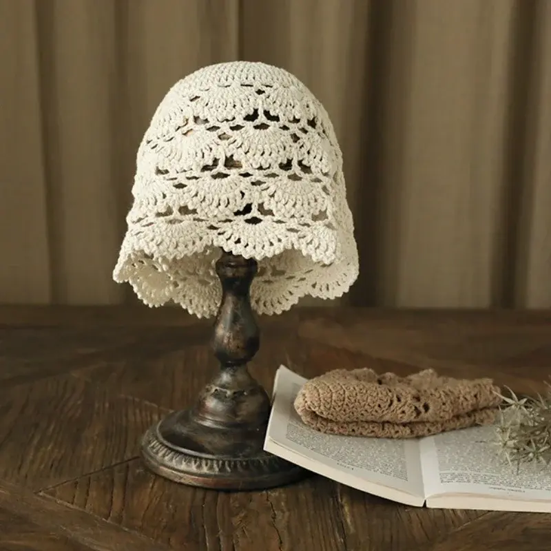 Hand-Knitted Flower Hollow Thin Cap Spring and Summer Lace Breathable Kerchief Crochet Toe Cotton Thread Hat Female