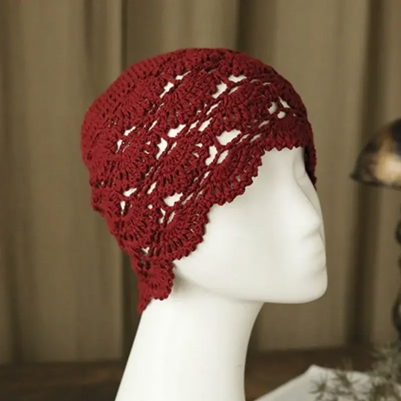 Hand-Knitted Flower Hollow Thin Cap Spring and Summer Lace Breathable Kerchief Crochet Toe Cotton Thread Hat Female
