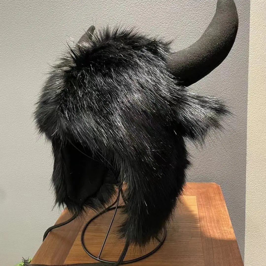 Imitation Fox Fur Cow Horn Decoration Cap Winter Warm Ear Protection Wind Snow Women Men Halloween Party Cosplay Hat