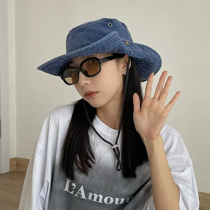 2022 Blue Cowboy Bucket Hat with String Men Denim Beach Sun Hat for Women Outdoor Spring Summer Fisherman Hat