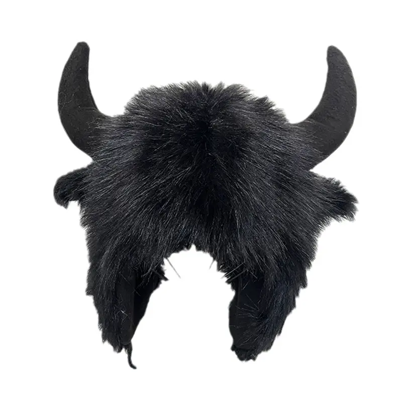 Imitation Fox Fur Cow Horn Decoration Cap Winter Warm Ear Protection Wind Snow Women Men Halloween Party Cosplay Hat