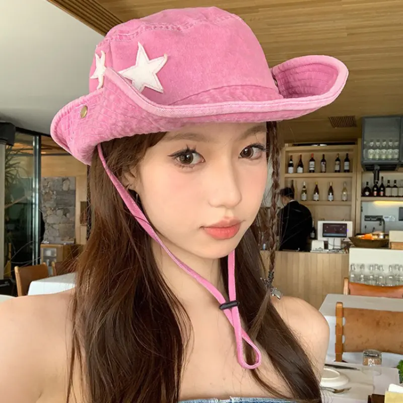 2023 Vintage Pink Stars Western Cowboy Hat Women Summer Sunscreen Mountaineering Cap Outdoor Camping Fisherman Hats for Man