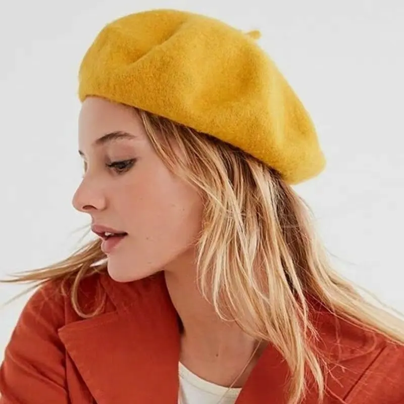 Winter Warm faux Wool Beret Women Girls French Artist Beanie Hat Cap red black purple beige orange Kawaii Flat Top caps warmers