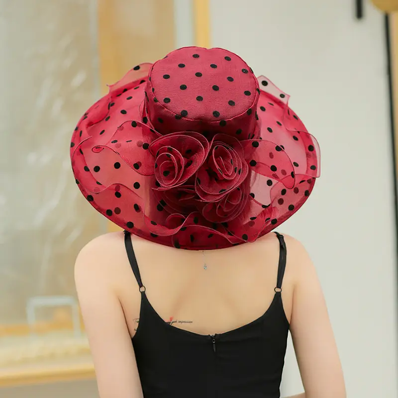 2022 New Ladies Elegant Flower Church Hats Summer Large Wide Brim Fedora Hat For Women Organza Hat Beach Sun Kentucky Derby Hat