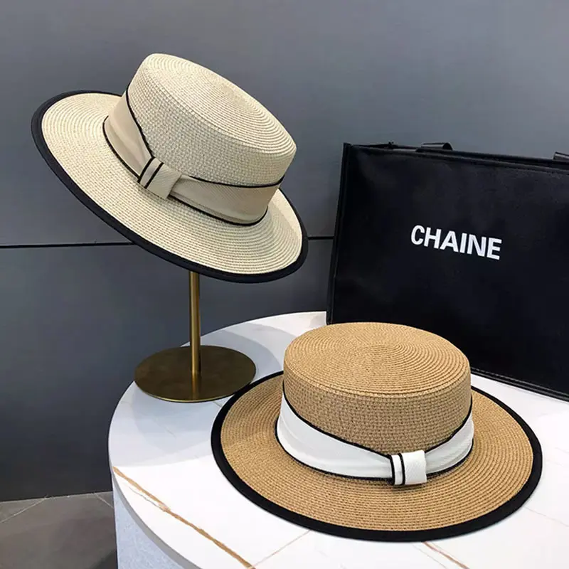 New French Flat Top Straw Hat For Children's Summer Straw Woven Top Hat, Beach Sunshade Hat, Beach Sun Hat