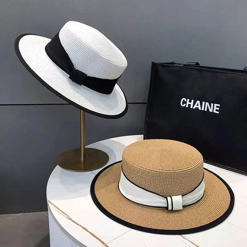 New French Flat Top Straw Hat For Children's Summer Straw Woven Top Hat, Beach Sunshade Hat, Beach Sun Hat