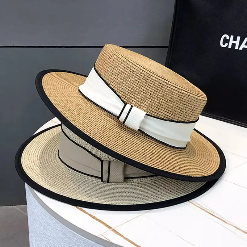 New French Flat Top Straw Hat For Children's Summer Straw Woven Top Hat, Beach Sunshade Hat, Beach Sun Hat