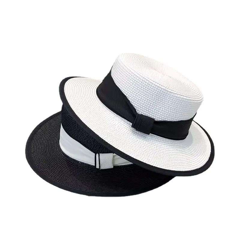 New French Flat Top Straw Hat For Children's Summer Straw Woven Top Hat, Beach Sunshade Hat, Beach Sun Hat