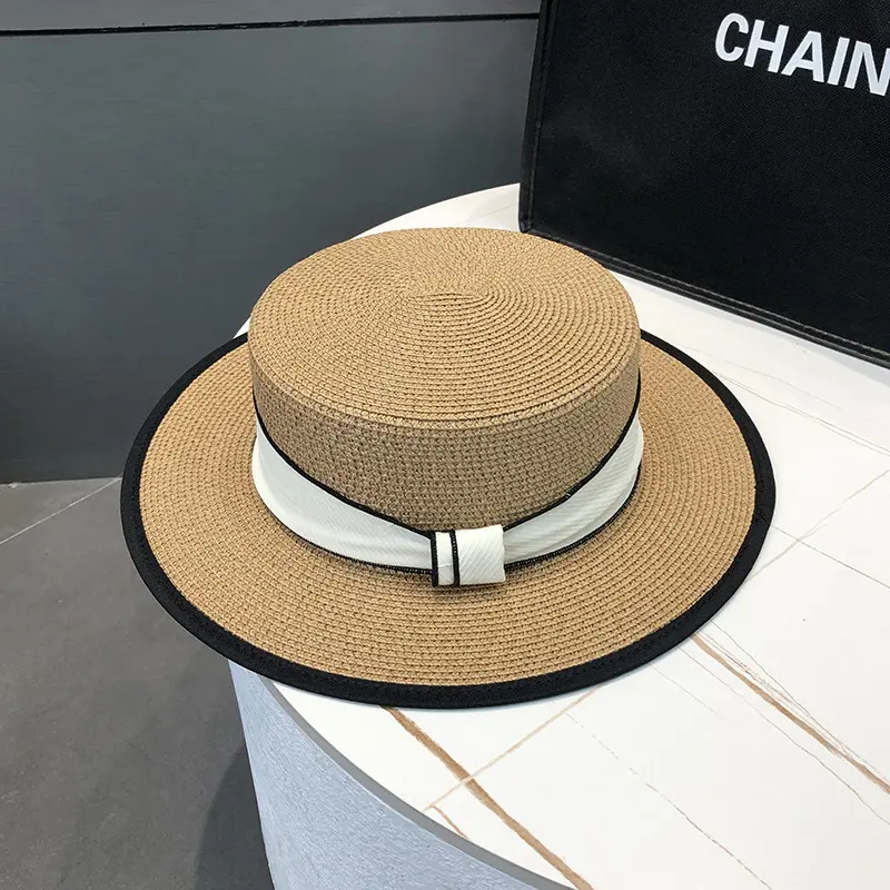 New French Flat Top Straw Hat For Children's Summer Straw Woven Top Hat, Beach Sunshade Hat, Beach Sun Hat