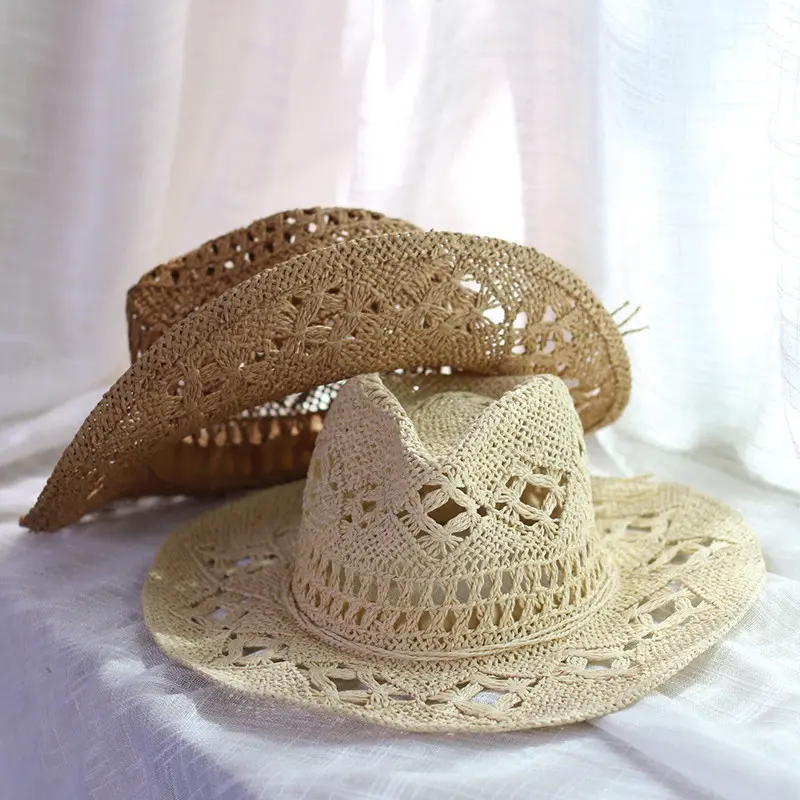 Straw Western Cowboy Hoed Hand Made Beach Vilt Zonnehoeden Party Cap Voor Man Vrouw Curling Rand Cap Zon Bescherming Unisex hat