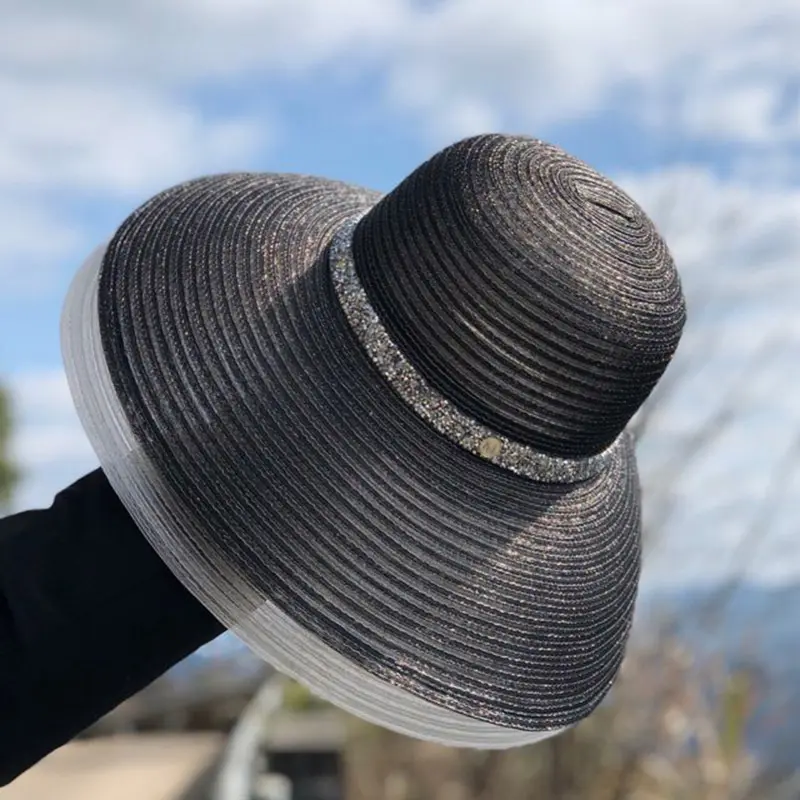 Large Brimmed Diamond Studded Beach Hat For Sun Protection And Shade, Summer Outings, Hollowed out Versatile Trendy Sun Hat