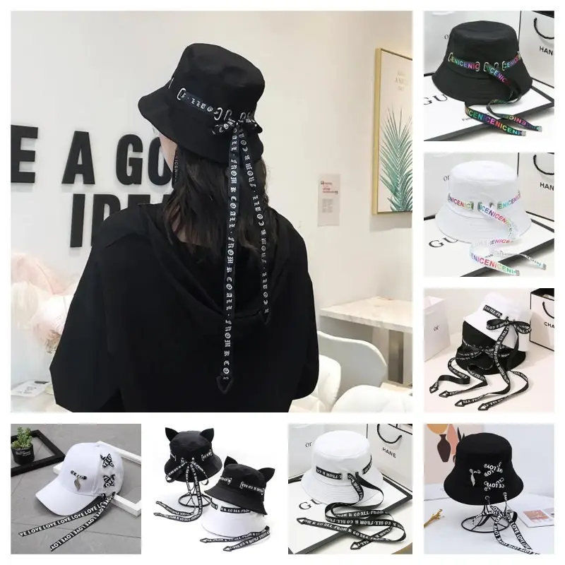 Cute Cat Ears Streamer Fisherman Hat Women Casual Basin Hat Solid SunHat Designer Bucket Hat Unisex Punk Hats Hip Hop Bonnets