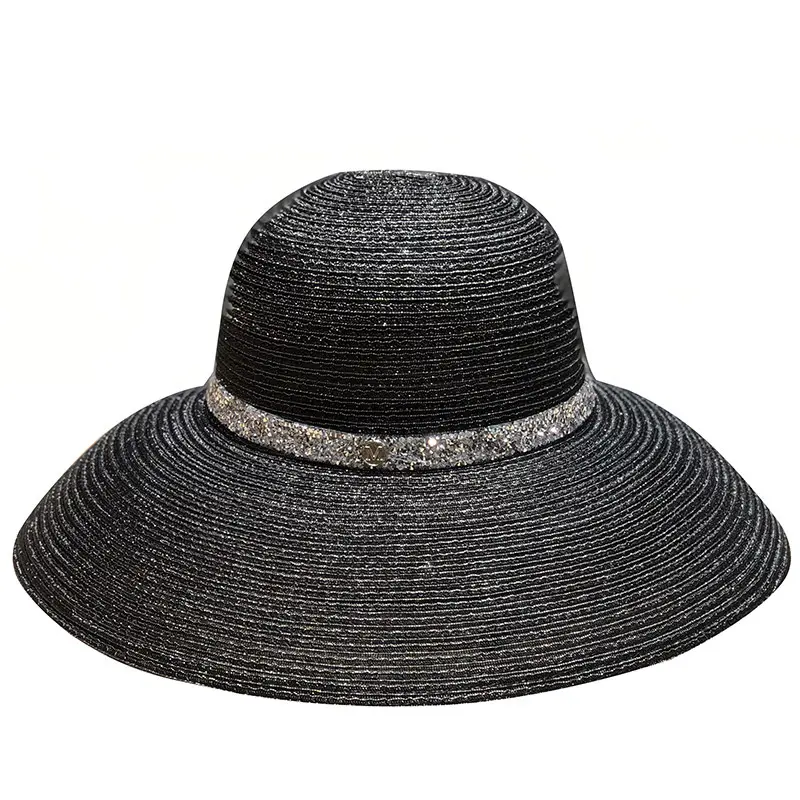 Large Brimmed Diamond Studded Beach Hat For Sun Protection And Shade, Summer Outings, Hollowed out Versatile Trendy Sun Hat
