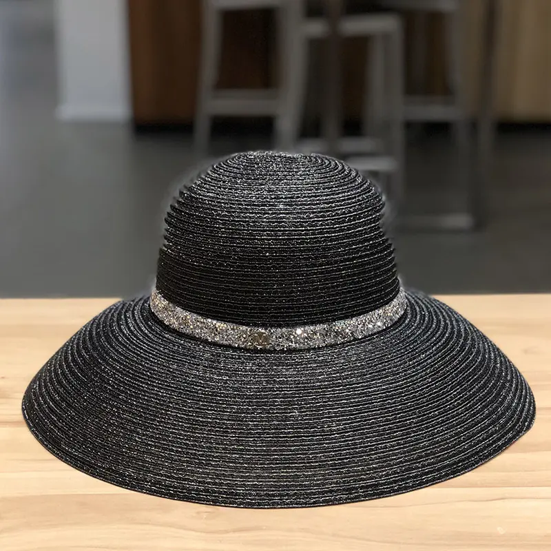 Large Brimmed Diamond Studded Beach Hat For Sun Protection And Shade, Summer Outings, Hollowed out Versatile Trendy Sun Hat