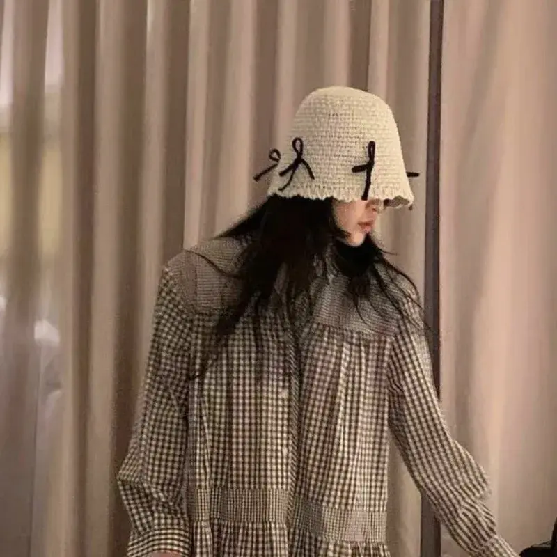 Korean Ins Bow Spring and Summer Fashion Sweet Bucket Hat Outdoor Sunshade Knitted Solid Color Straw Breathable Women Sun Hats