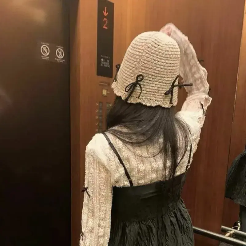 Korean Ins Bow Spring and Summer Fashion Sweet Bucket Hat Outdoor Sunshade Knitted Solid Color Straw Breathable Women Sun Hats