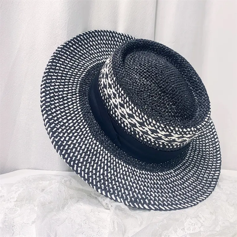 Fresh Hat Women's Summer Versatile Straw Hat Beach Vacation Sunscreen Hat British Straw Woven Flat Top Jazz Hat