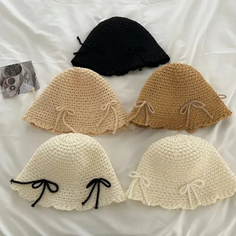 Korean Ins Bow Spring and Summer Fashion Sweet Bucket Hat Outdoor Sunshade Knitted Solid Color Straw Breathable Women Sun Hats
