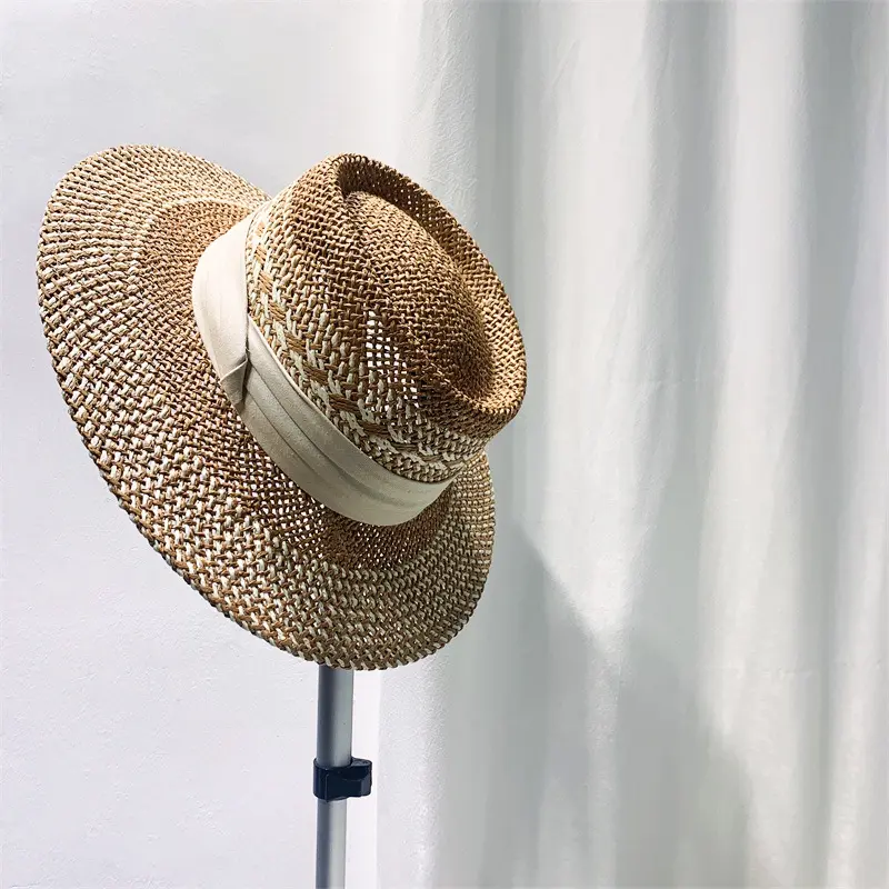 Fresh Hat Women's Summer Versatile Straw Hat Beach Vacation Sunscreen Hat British Straw Woven Flat Top Jazz Hat