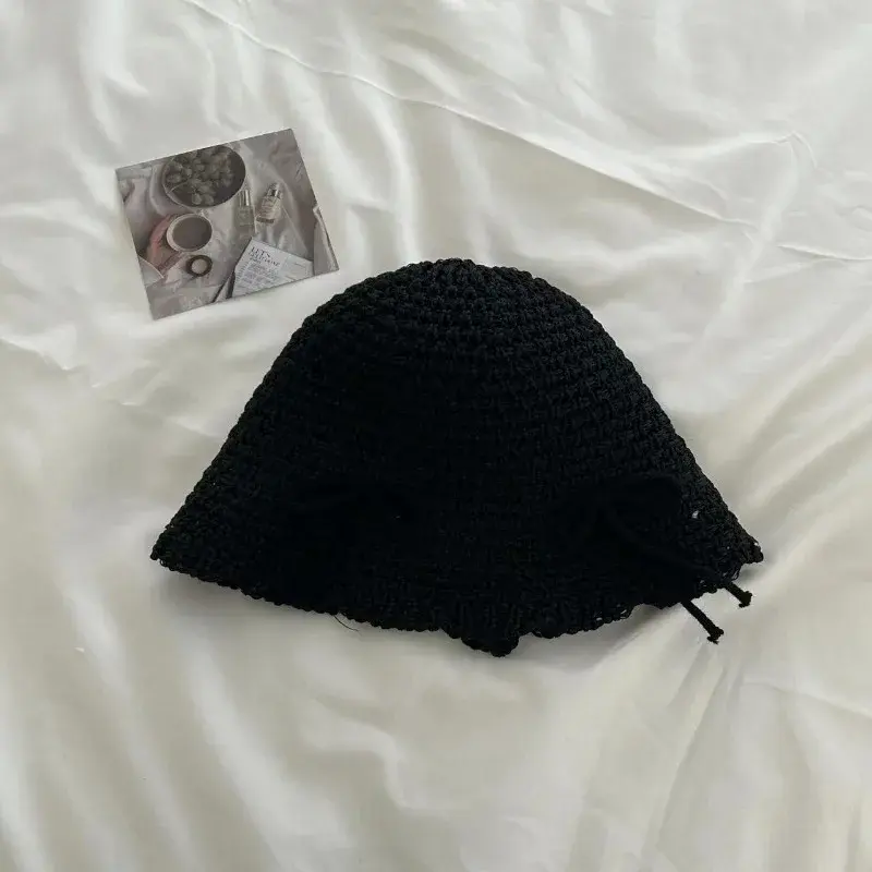 Korean Ins Bow Spring and Summer Fashion Sweet Bucket Hat Outdoor Sunshade Knitted Solid Color Straw Breathable Women Sun Hats