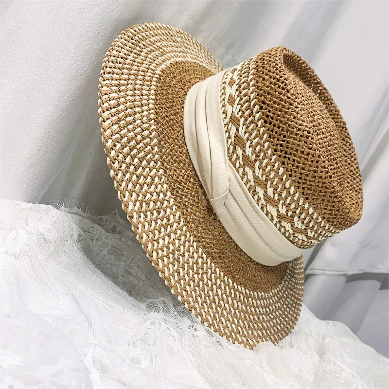 Fresh Hat Women's Summer Versatile Straw Hat Beach Vacation Sunscreen Hat British Straw Woven Flat Top Jazz Hat