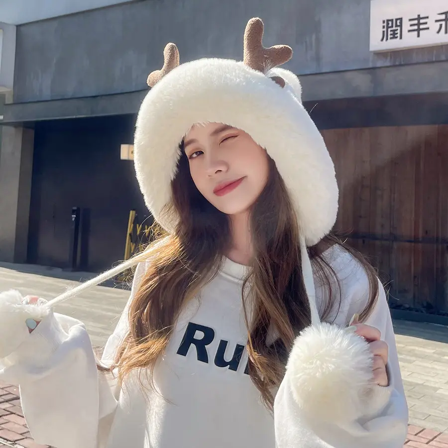 Cute Ears Plush Winter Hats for Women Beanies Deer Antler Fur Pompom Knit Bonnet Fluffy Winter Cap Bomber Hats Women Gorro