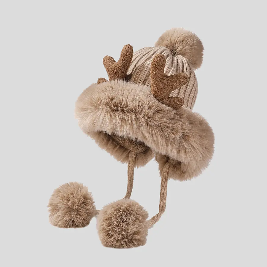 Cute Ears Plush Winter Hats for Women Beanies Deer Antler Fur Pompom Knit Bonnet Fluffy Winter Cap Bomber Hats Women Gorro