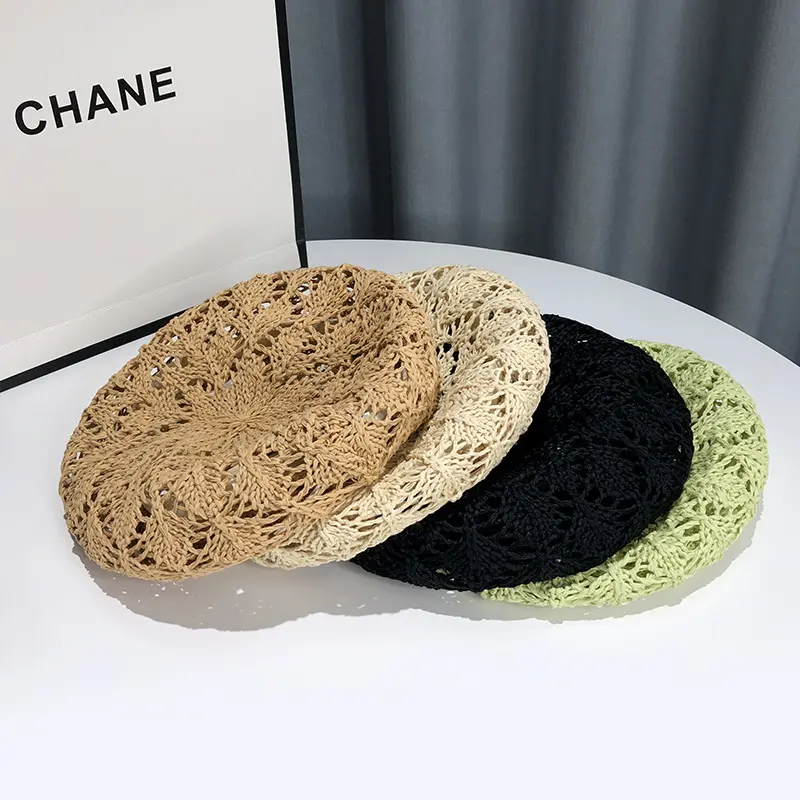 Fashionable Hollowed Out Grass Woven Beret for Children's Summer Korean Breathable Fashion Hat, Casual And Versatile Painter Hat