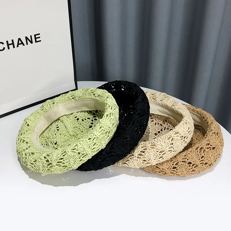 Fashionable Hollowed Out Grass Woven Beret for Children's Summer Korean Breathable Fashion Hat, Casual And Versatile Painter Hat
