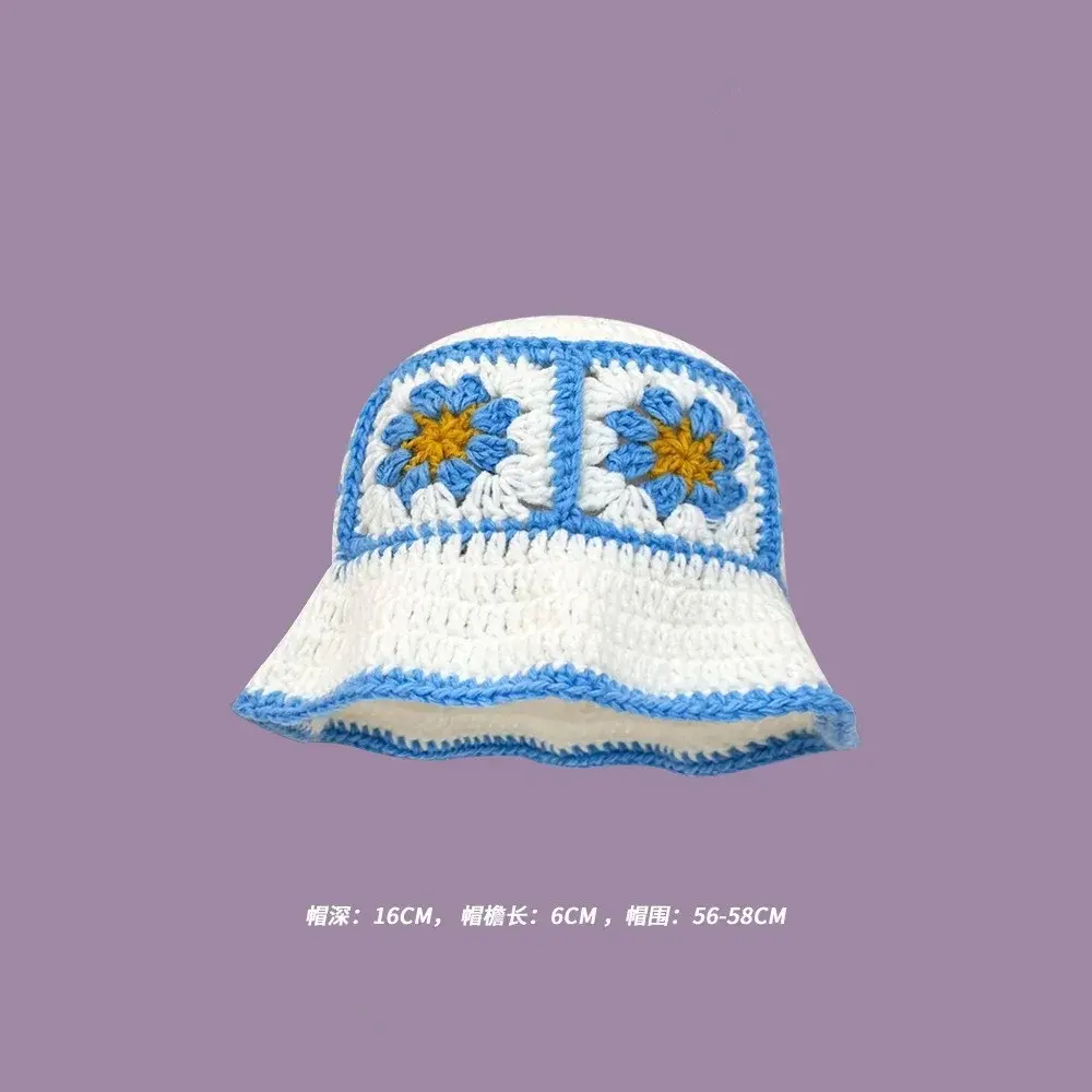 2023 Autumn New Crochet Korean Handmade Bucket Hat Women Weaving Knitted Hat  Fashion Flowers Autumn Winter Beanies Basin Cap