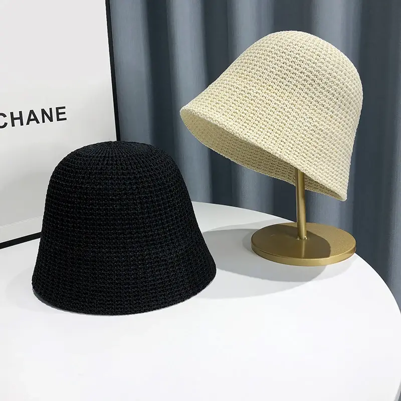 Summer Hollow Woven Fisherman Bucket Hat Women Thin Breathable Sunshade Basin Hat Japanese Bucket Sun Hat